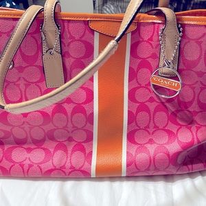 Coach Pink and orange monogram tote, tan straps